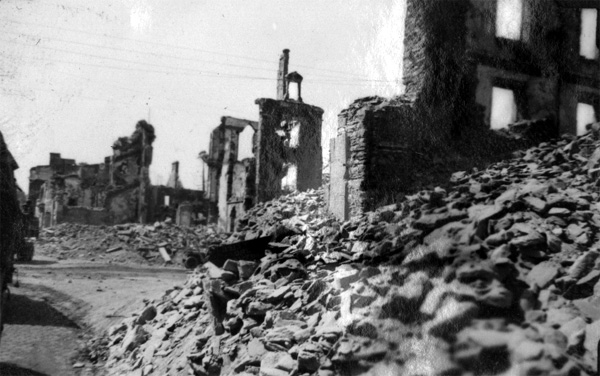 Photo of buildings destroyed in fighting to capture Saint Lo, France, taken 05 September 1944 during World War II.